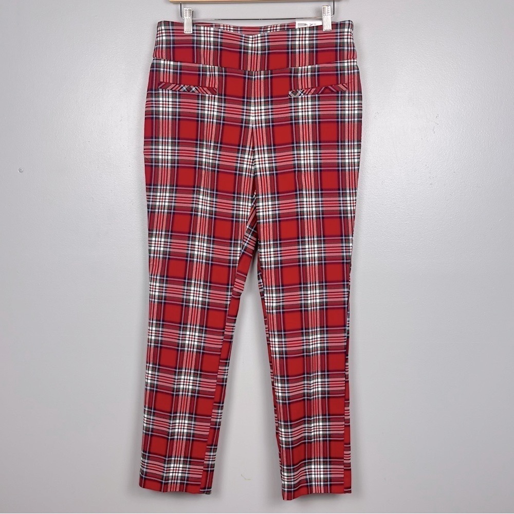 NWT Crown & Ivy red plaid pullon ankle bow detail poly spandex pants, 12.